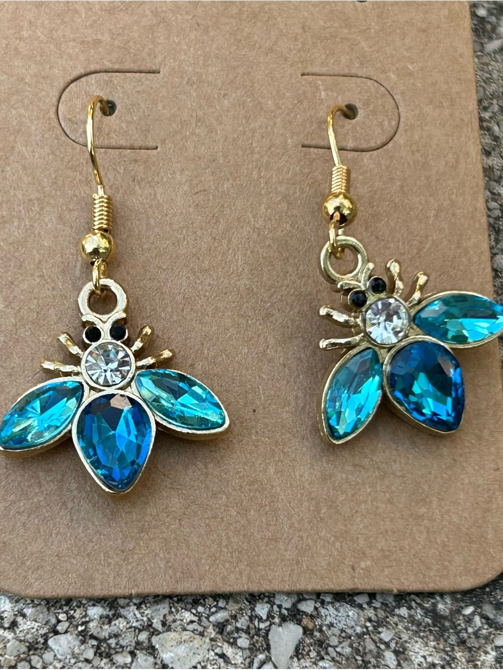Gold Bee Drop Earrings with Blue Crystal Wings